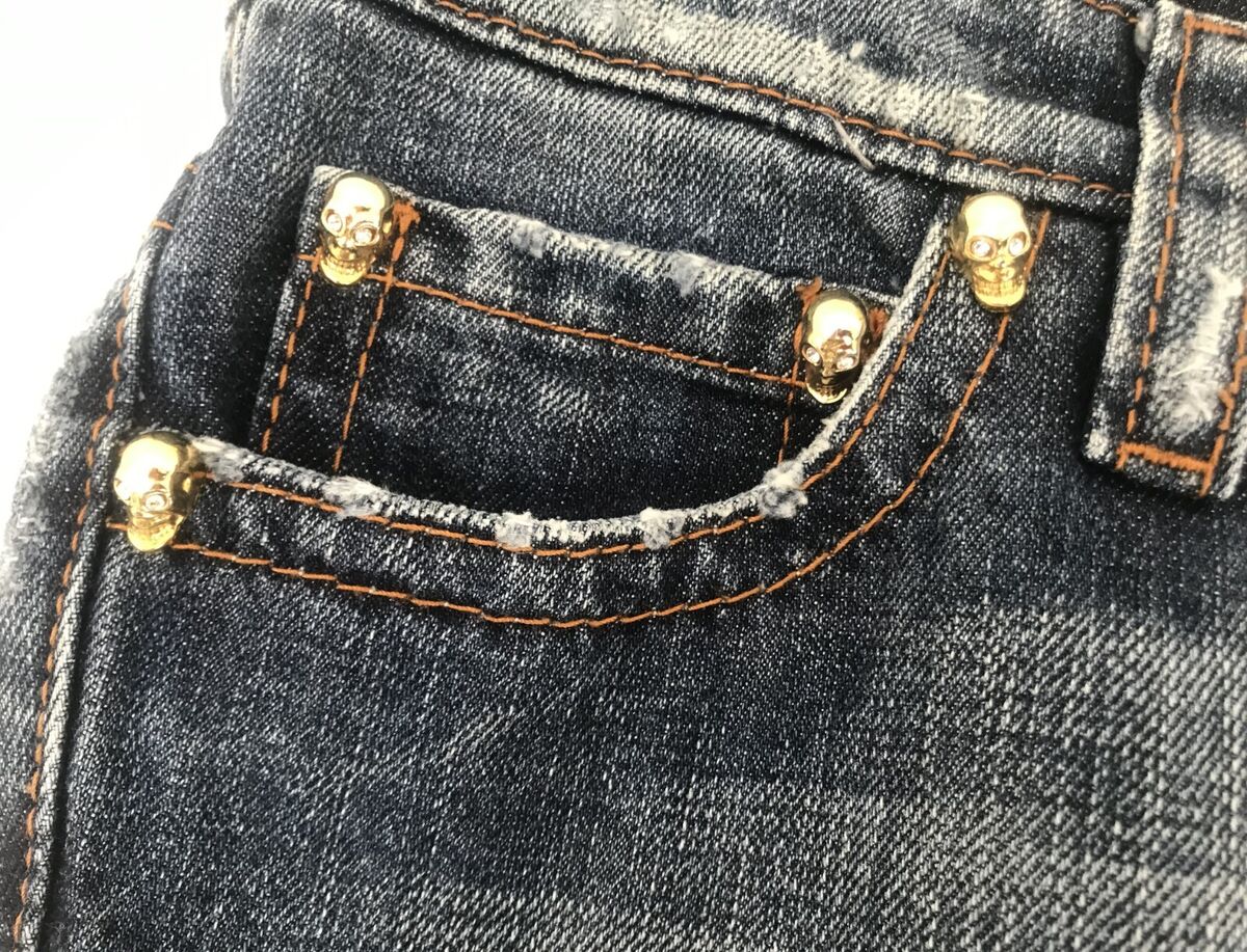Dsquared2 Faith Low Rise Straight Leg Gold Skull Head Trim Dsquared2 Faith Low Rise Straight Leg Gold Skull Head Trim