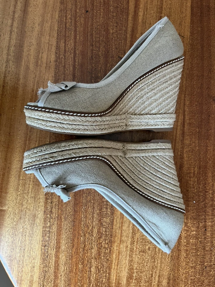 Tory Burch Zapatos Jackie Alpargatas Tacones de Cuña Beige Lona Punta abierta Talla 10.5 B Foto 3 de 4