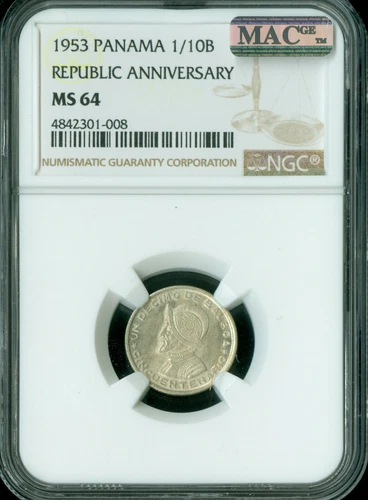 1953 PANAMA 1/10B  ANNIVERSARY NGC MAC MS64 PQ SPOTLESS .