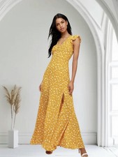 Lulu’s Fresh Picked Mustard Yellow Floral Maxi Dress Backless Size XS NWT