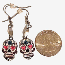 Sugar Skull Dangle Earrings, Day of the Dead, Heart Eyes Jewelry, Fun Costume