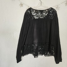 Karen Kane Medium Black Floral Lace Trim Button Up Pleated Top Flowy Romantic