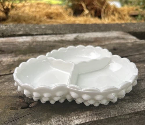 Fenton White Milk Glass Hobnail Divided Candy Dish Vintage