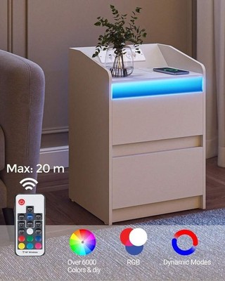 LED Nachttisch 2 Schubladen Schrank Ladestation Nachttisch Aufbewahrung weiß
