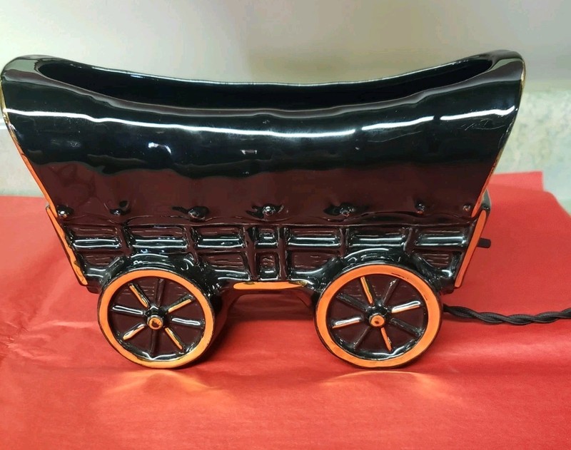 Gorgeous Black Porcelain Covered Wagon TV lamp Stafford Ware