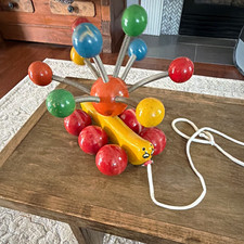 Vintage Wooden Caterpillar Pull Toy w/ Spring...