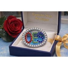 OES Eastern Star Brooch Pin with White Pearls and Multicolored Rhinestones