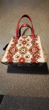 Vintage Traditional Red Austrian Leather & Tapestry Solid Base Handbag