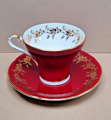 Vintage Aynsley England Fine Bone China Burgundy & Gold Tea Cup Saucer 5.4 oz