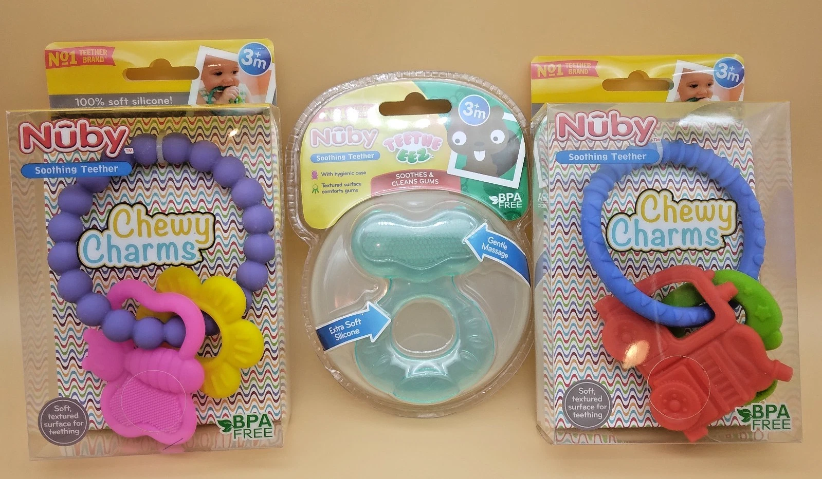 Nuby Soothing Teether Chewy Charms & Teethe Eez BPA Free Silicone Toys Lot of 3
Opens in a new windo