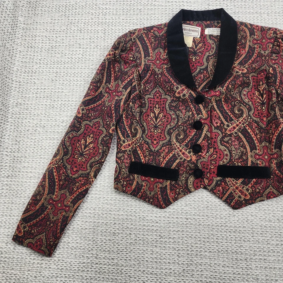 Blazer Karin Stevens Vintage Mujer 8 Pequeño Rojo Negro Paisley Terciopelo Borde Años 90 Foto 3 de 4