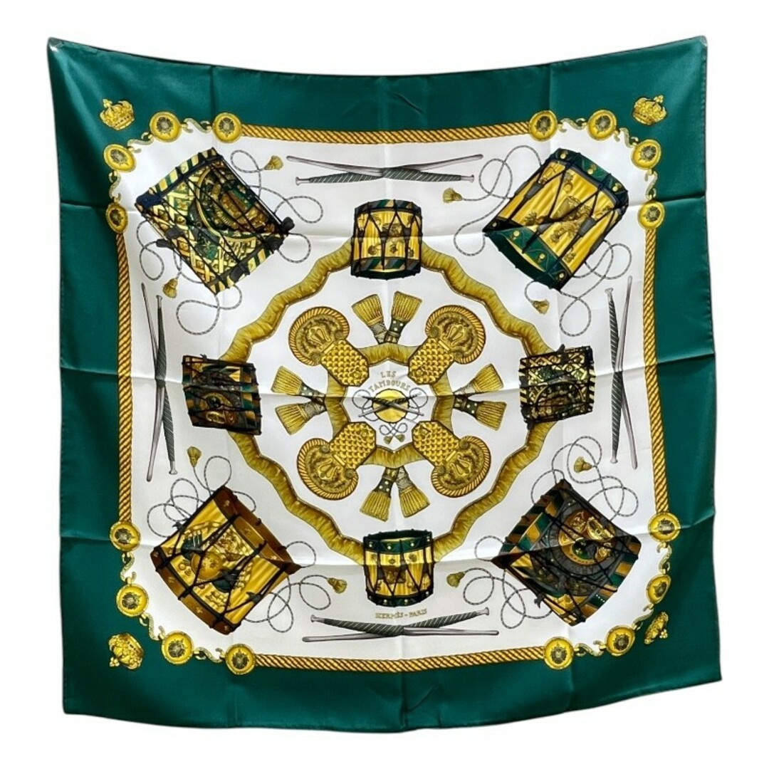 Hermes Carre90 Les Tambours Green Silk Scarf for Women