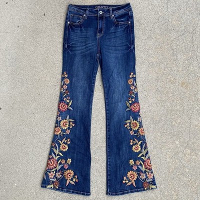 GRACE IN LA Flare High Waist Blue Jeans Floral Embroidered Womens 27 Bell Boho
