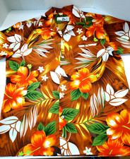 Vintage Hilo Hattie Hawiian Camp Shirt Floral 70s Button Front Size Large Brown