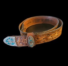 Tooled Cowboy Leather Brown Belt with Turquoise Silver Accent Add Your Buckle