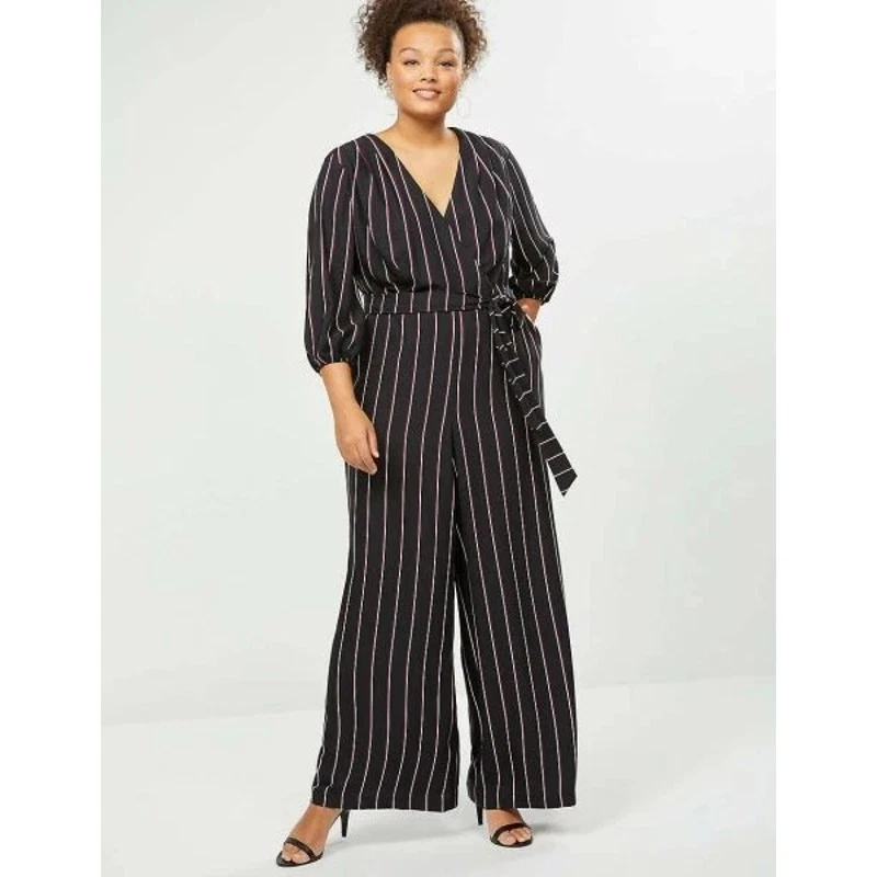 Lane Bryant Womens Striped Faux Wrap Jumpsuit Plus Size 16 Black Tie Waist Flowy - Image 2 of 4