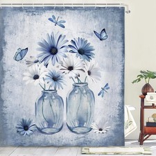 Rustic Farmhouse Blue Floral Shower Curtain, Light Blue Daisy Flowers Butterf...