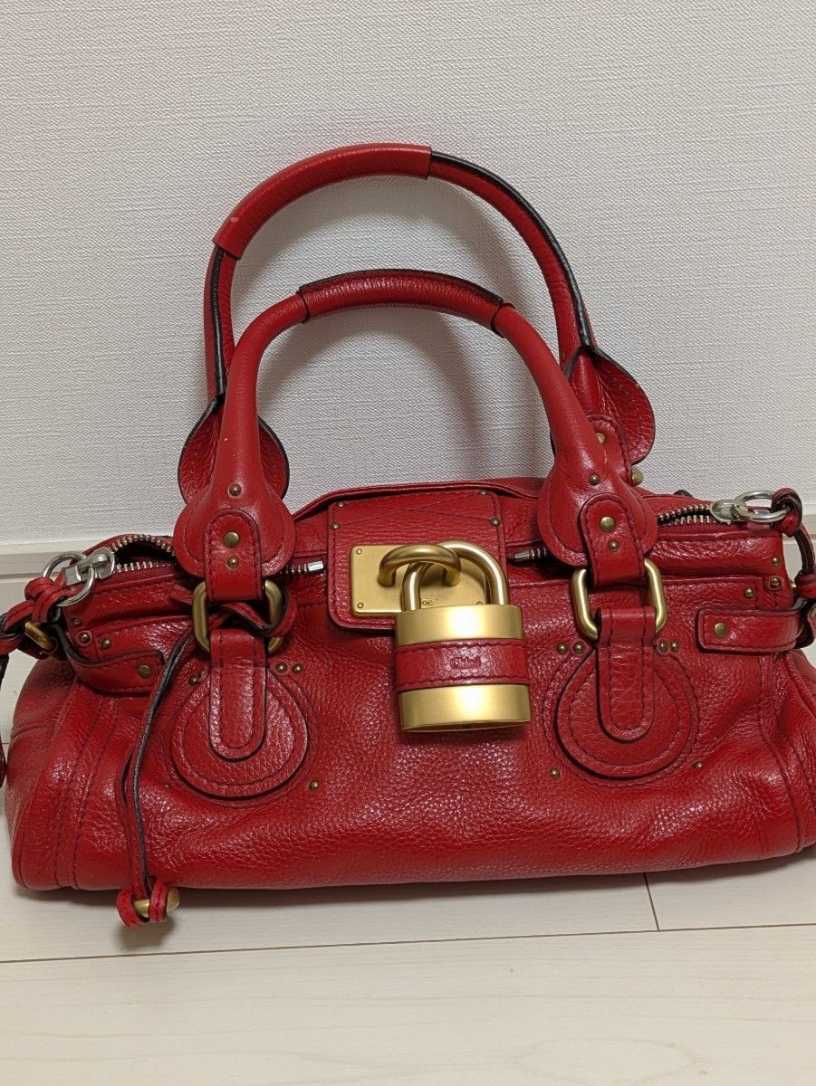 クロエ　パディントン　レッド Chloe Paddington Red Leather Handbag Padlock Key Card Tote Satchel