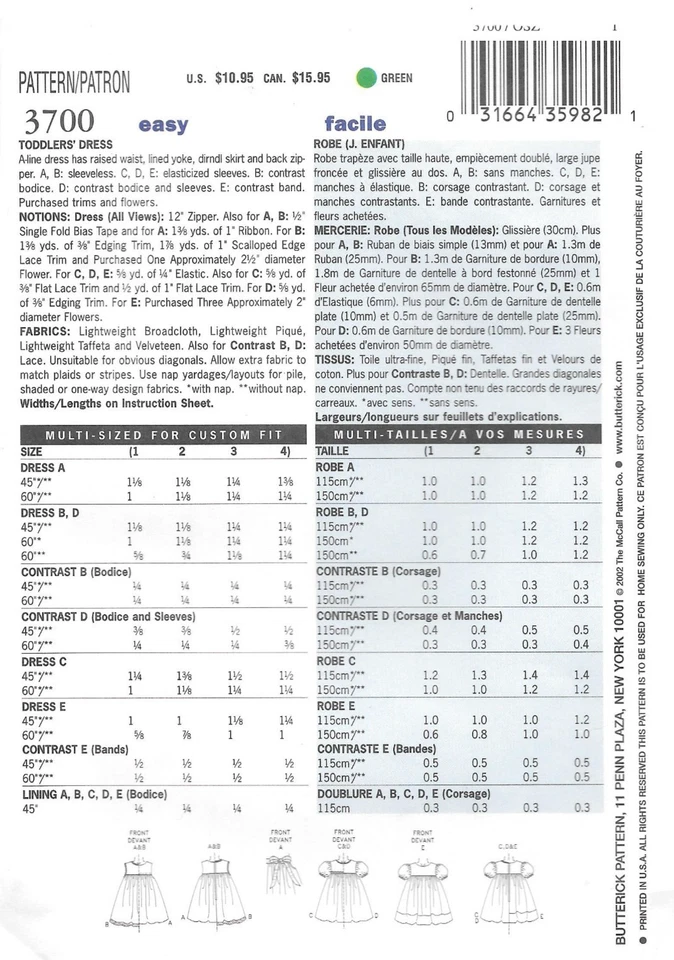 Butterick Sewing Pattern 3700 Toddlers Dress in Six Style Variations Size: T1-T4 - Image 2 of 2