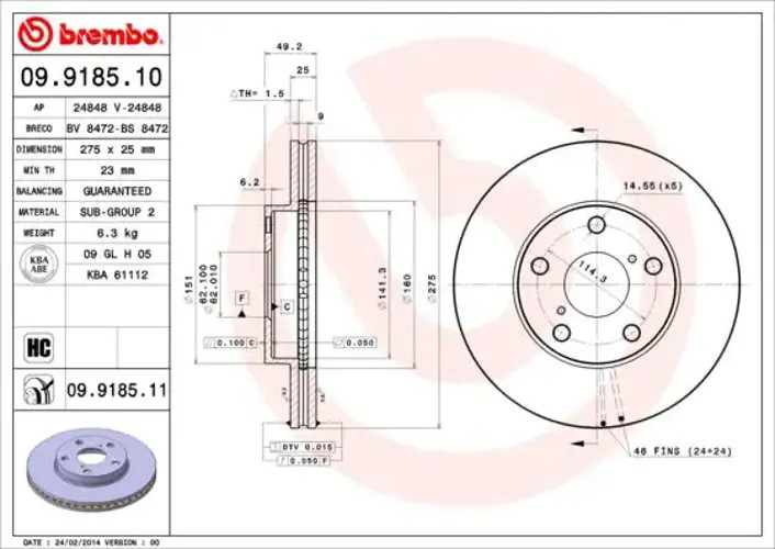 Fits BREMBO HAMULCE 09.9185.11 BRAKE DISC FRONT 275X25 V - Image 2