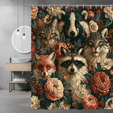 Boho Animal Floral Shower Curtain Fox Cat Raccoon Wolf Print