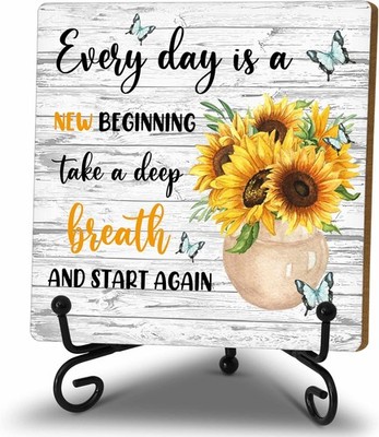 Sunflower Wooden Motivational Sign  Rustic Farmhouse Desk Decor with Stand (A12)
