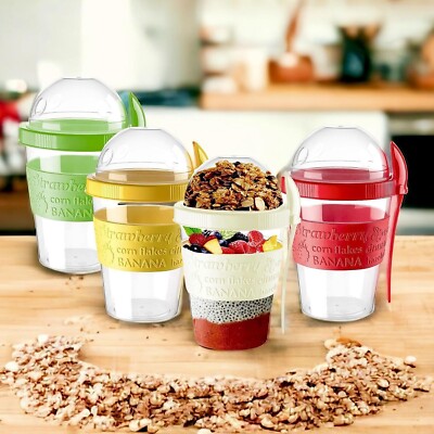 Pack Take Go Cereal Cup Spoon Yoghurt Fruit Oats Food Container 600ML  UK