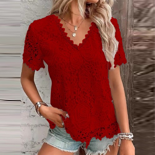 Womens V-Neck Lace T-Shirt Tops Ladies Short Sleeve Summer Casual Loose Blouse - Picture 12 of 22