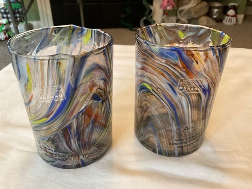 Murano Stemless Wine/Drinking Glasses Hand Blown Glass Made In Italy Set Of 2