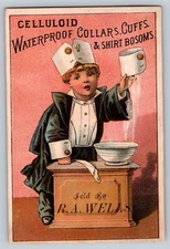 Victorian Trade Card - Celluloid Waterproof Collars- Demonstration by Child/Boy