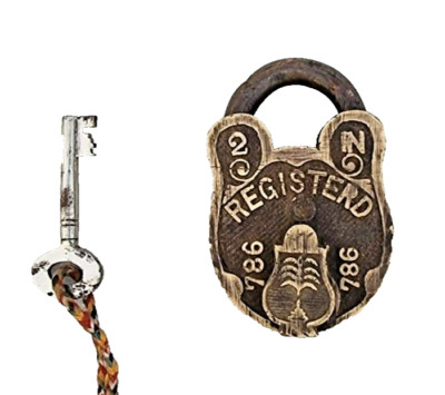 Vintage Old Antique Unique Fine Hand Made Words Embossed Brass Lock & Key G-786