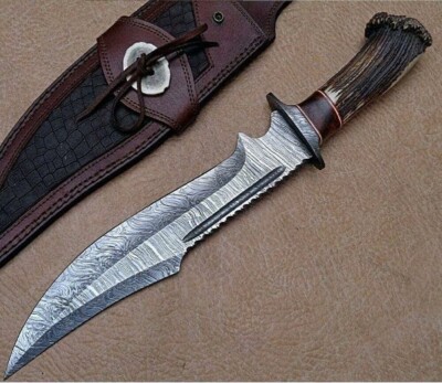 15'' Custom Handmade Damascus Steel Bowie Hunting  Knife with Stag Horn Handle