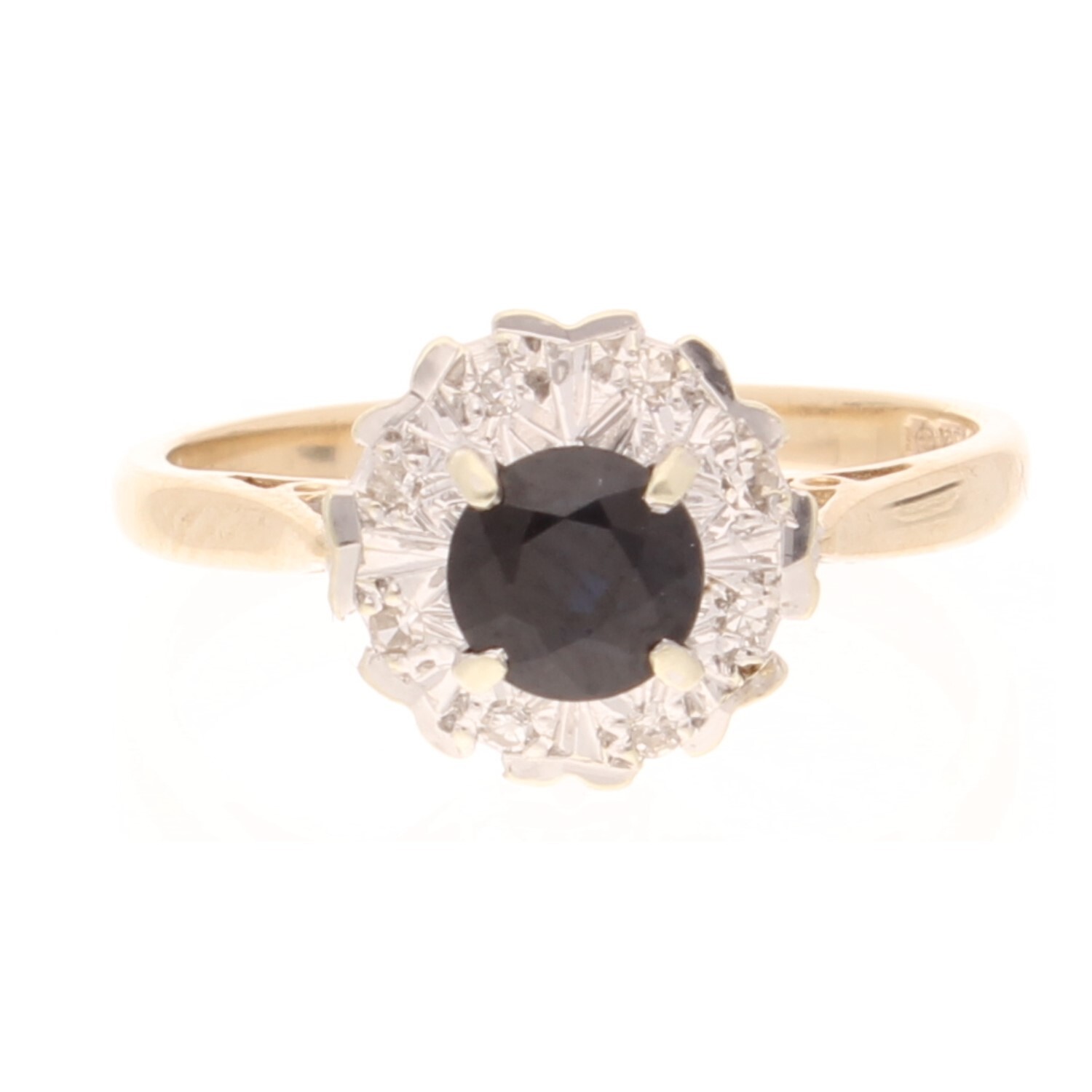 9Carat Yellow Gold Sapphire & Diamond Cluster Ring (Size M) 9x10mm