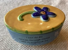Tumbleweed Pottery Ceramic Oval Trinket Box Footed w Yellow Lid Live Love Laugh