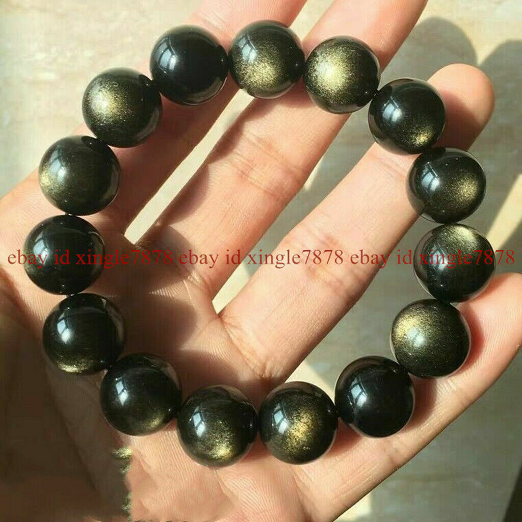 Natural 12mm AAA+ Gold Obsidian Flash Gemstone Round Beads Women Men Bracelet