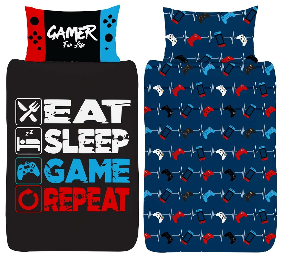 Gamer Single Duvet Cover Eat Sleep Game Repeat Controller Reversible Bedding