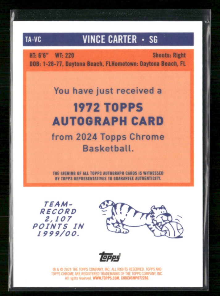 Vince Carter 1972 Auto Orange 12/25 2024 Topps Chrome Sapphire Basketball [dbc36 eBay