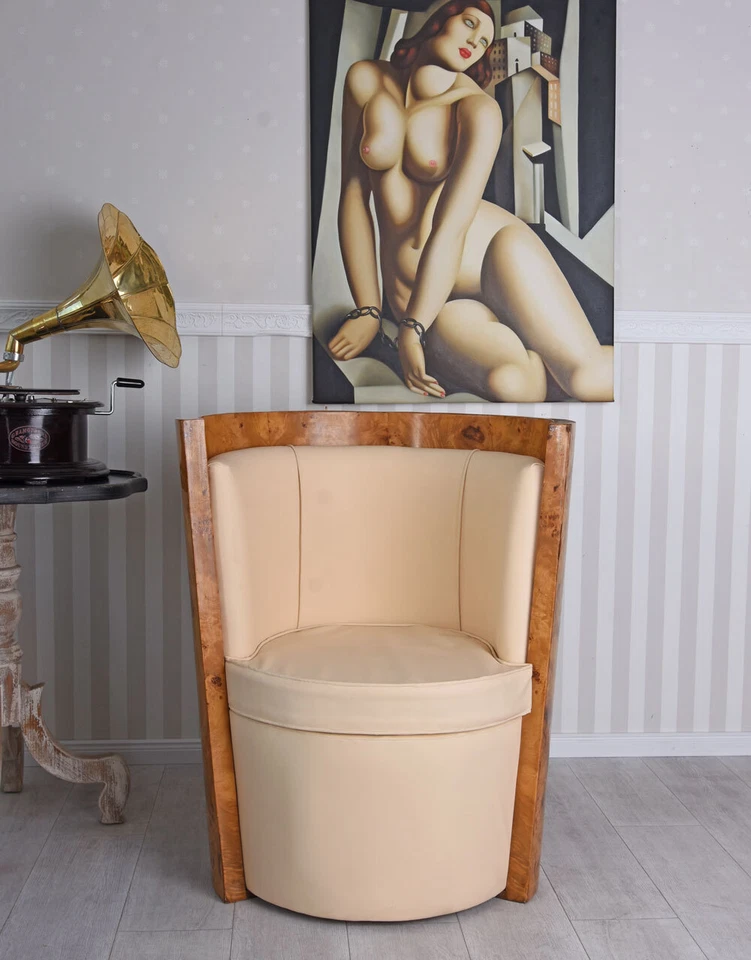 Art Deco Armchair Faux Leather Lounge Chair Club Chair Burl Wood Armchair - Image 2 of 4