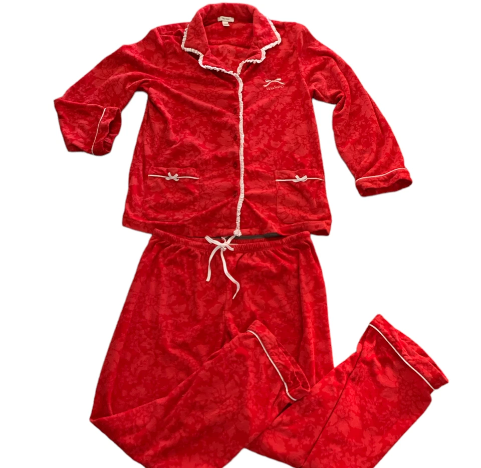 Vera Wang Juego de 2 Pijama Floral Suave Vellón Blanco Volantes Acento L Rojo #32J Foto 2 de 4