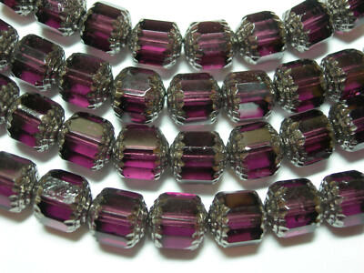 10 Amethyst Purple with Silver Cathedral Czech Glass 10mm beads