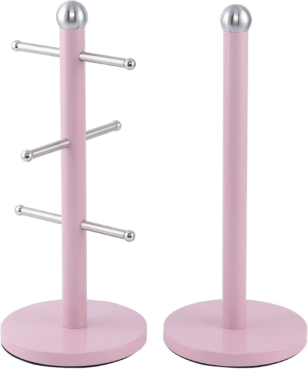 Stainless Steel 6 Cup Mug Tree Stand Rack & Kitchen Towel Paper Roll Pole Holder