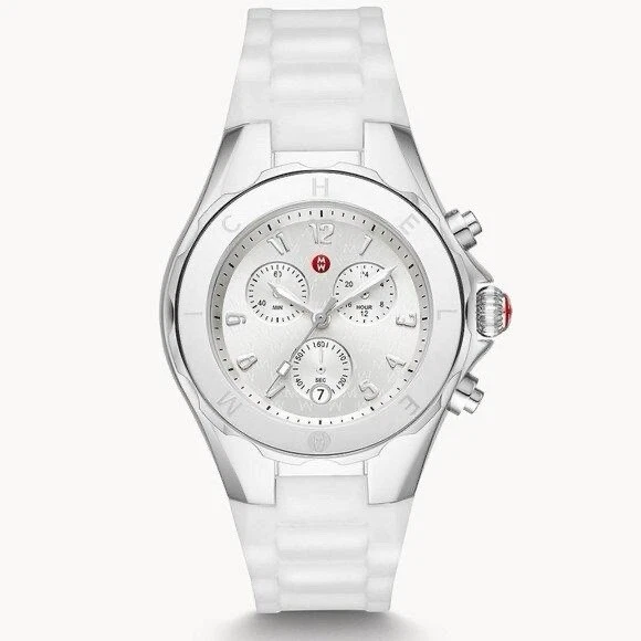 Reloj Michele Jellybean Acero Inoxidable Correa Silicona Blanca ¡Nuevo En Caja! MSRP 445 Foto 2 de 4