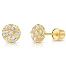 14K Real Solid Gold Pave Small Round CZ Stud Earrings Screwback Sleeper Studs