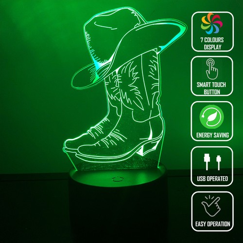 COWBOY BOOTS COWBOY HAT 3D Acrylic LED 7 Colour Night Light Touch Table Lamp - Picture 4 of 8