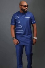 Blue-black and White Men's Short Sleeve Shirt and Pants Kaftan African Clothing