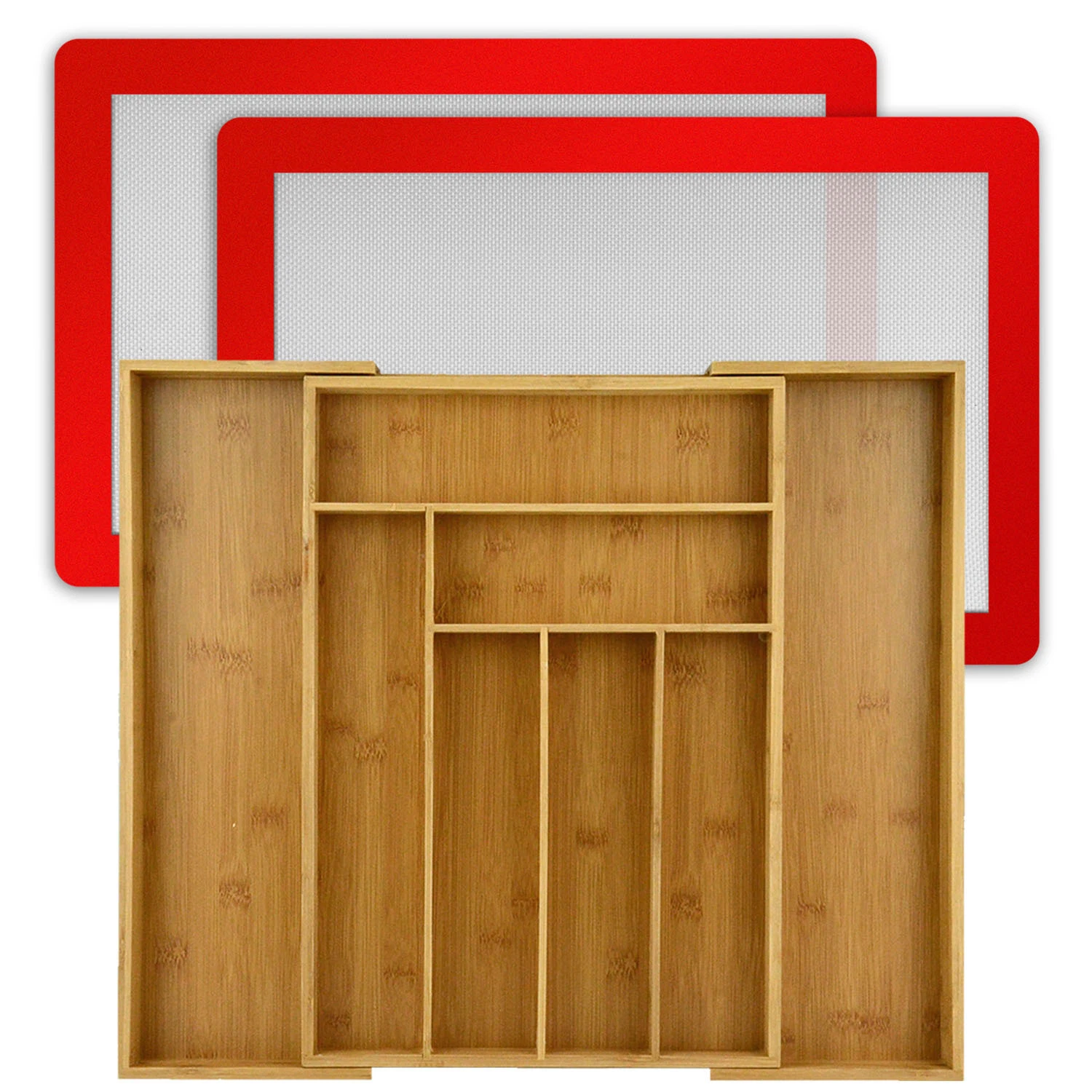 2x Premium Silicone Cooking Baking Mat Sheet + 8 Slot Wood Bamboo Organizer Tray
Opens in a new wind