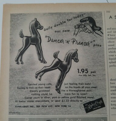 1946 Alpha-craft creation Dancer Prancer reindeer pin brooch vintage jewelry ad