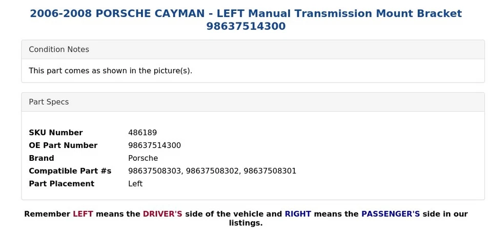 Soporte de montaje de transmisión manual izquierdo Porsche Cayman 2006-2008 98637514300 Foto 3 de 4