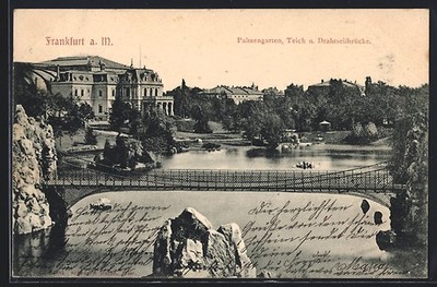 Ansichtskarte Frankfurt-Westend, Palmengarten, Teich und Drahtseilbrücke 1904 