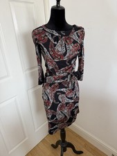 Wallis Black Paisley Dress UK 10 Red Floral Stretch Viscose Side Tie Midi